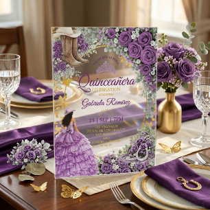 Westerse Paarse Rozen Gouden Land Quinceañera Acryl Uitnodigingen