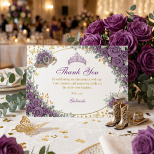 Westerse Paarse Rozen Gouden Land Quinceañera Bedankkaart