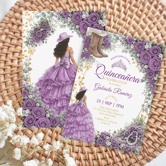 Westerse Paarse Rozen Gouden Land Quinceañera Kaart