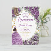 Westerse Paarse Rozen Gouden Land Quinceañera Kaart (Staand voorkant)