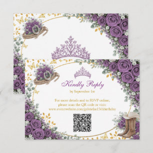 Westerse Paarse Rozen Gouden Land Quinceañera RSVP Kaartje
