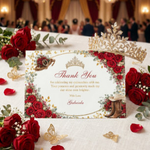 Westerse Rode Rozen Gouden Land Quinceañera Bedankkaart