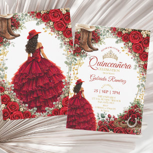 Westerse Rode Rozen Gouden Land Quinceañera Kaart