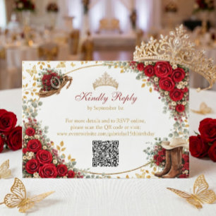 Westerse Rode Rozen Gouden Land Quinceañera RSVP Kaartje