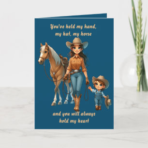 Westerse rodeo paard cowgirl moeder en kind op maa kaart