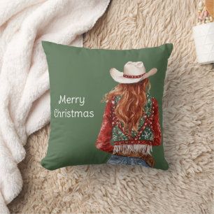 Westerse roodharige cowgirl kerst kussen