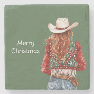 Westerse roodharige cowgirl kerst stenen onderzetter