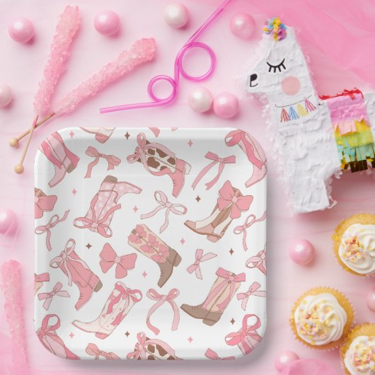 Westerse roze rodeo laarzen met strikken bruidsdou papieren bordje (Feest)