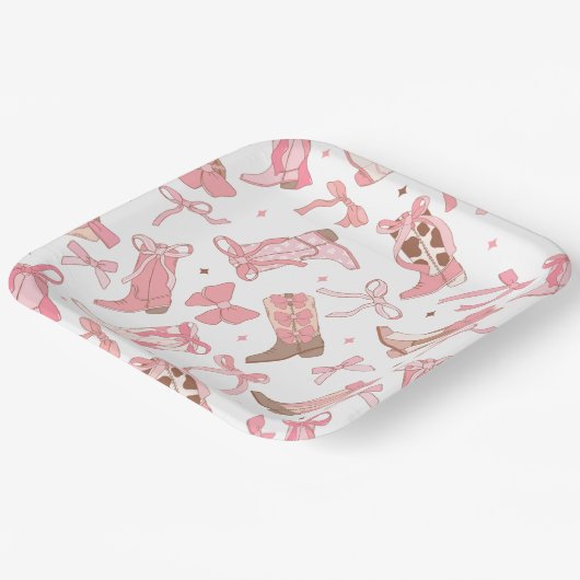 Westerse roze rodeo laarzen met strikken bruidsdou papieren bordje (Gebogen)