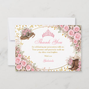 Westerse Roze Rozen Gouden Land Quinceañera Bedankkaart