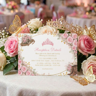 Westerse Roze Rozen Gouden Land Quinceañera Informatiekaartje