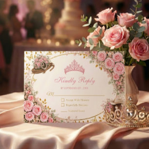 Westerse Roze Rozen Gouden Land Quinceañera RSVP Kaartje