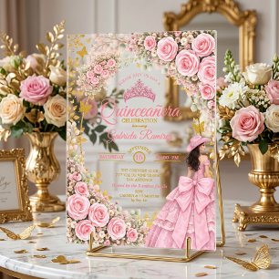 Westerse Roze Rozen Gouden Vlinder Quinceañera Acryl Uitnodigingen