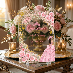 Westerse Roze Rozen Gouden Vlinder Quinceañera Acryl Uitnodigingen