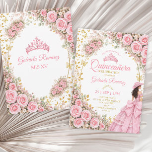 Westerse Roze Rozen Gouden Vlinder Quinceañera Kaart