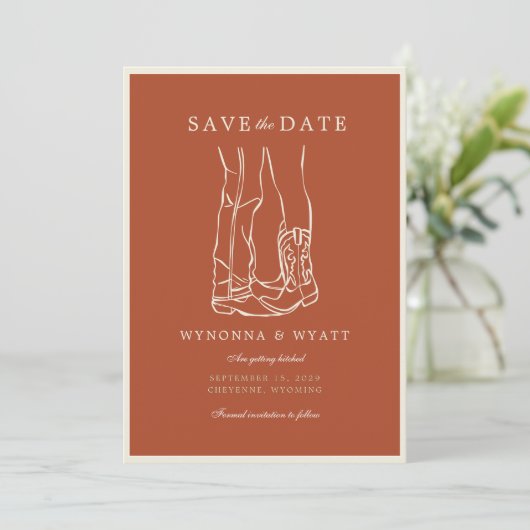 Westerse Rustieke Moderne Cowboylaarzen Foto  Save The Date (Staand voorkant)