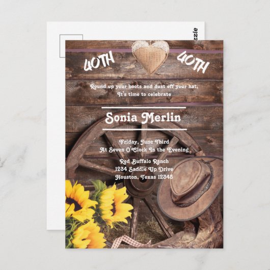 Westerse Rustieke Zonnebloem Laars Hoed 40e Verjaa Briefkaart (Voorkant / Achterkant)