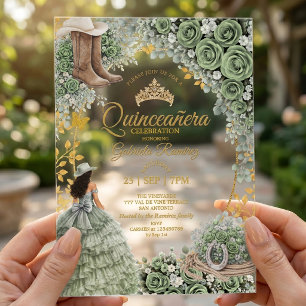 Westerse Salie Groene Roos Gouden Land Quinceañera Acryl Uitnodigingen