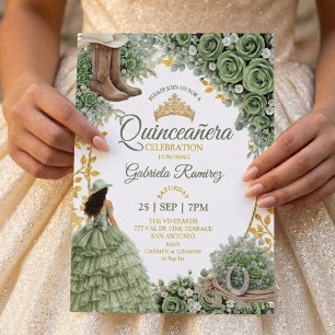 Westerse Salie Groene Roos Gouden Land Quinceañera Kaart