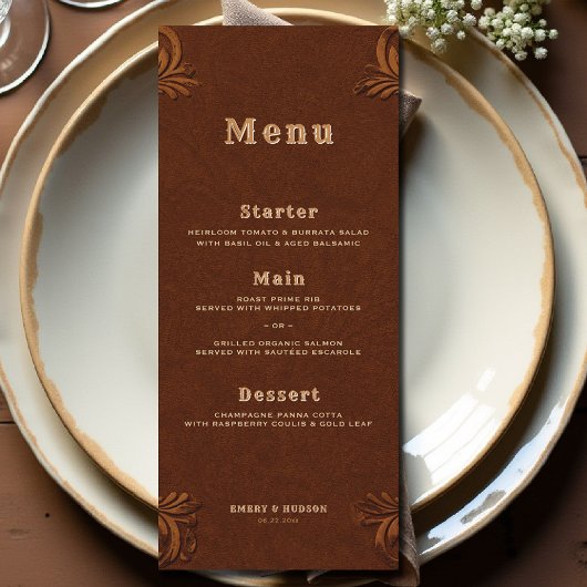Westerse Terracotta Cowboy Bruiloft Met Leren Acce Menu