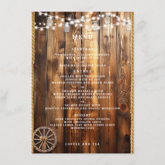 Westerse touw wagenwiel metson glas lichtslingers  menu (Voorkant)