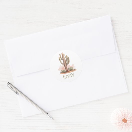 Westerse Trouwcactus Monogram Ronde Sticker (Envelop)