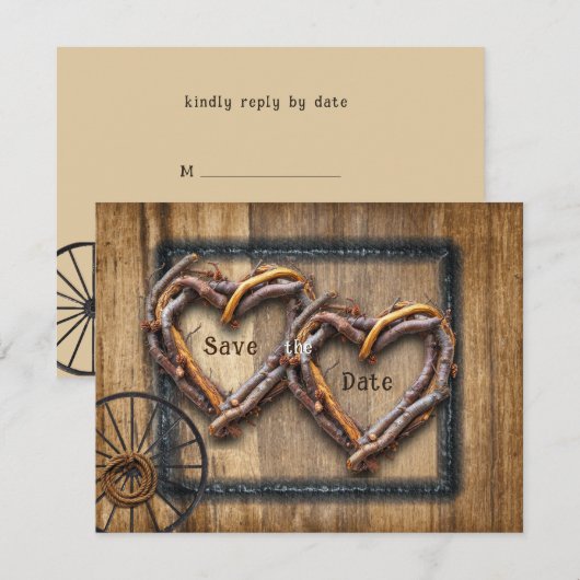 Westerse trouwtwijgframes, wagenwiel, lasso save the date (Voorkant / Achterkant)