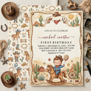 Westerse vintage cowboy eerste verlichting feest j kaart
