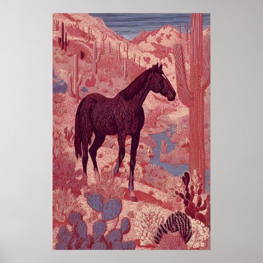 Westerse Woestijn Paard Muurkunst, Saguaro Cacti, Poster (Voorkant)