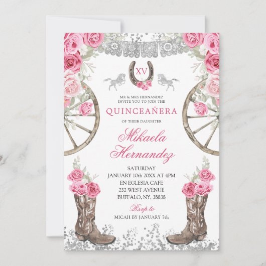 Westerse zilveren roze rozen Charra Quinceañera Kaart (Voorkant)