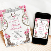 Westerse zilveren roze rozen Charra Quinceañera Kaart