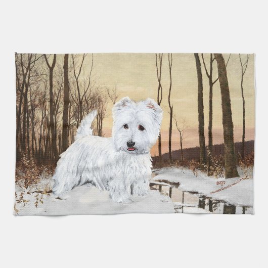 Westie bij Twilight Theedoek (Horizontaal)