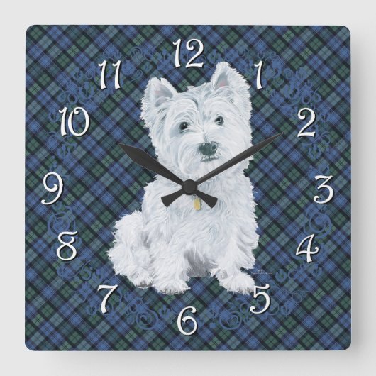 Westie Black Watch Tartan Vierkante Klok (Voorkant)