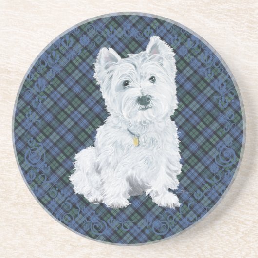 Westie Black Watch Tartan Zandsteen Onderzetter (Voorkant)