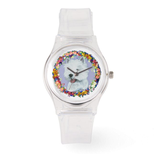 Westie Bloemen Horloge (Voorkant)