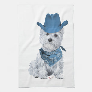 Westie Cowboy in Blue Theedoek