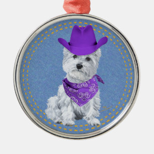 Westie Cowboy in Denim Metalen Ornament