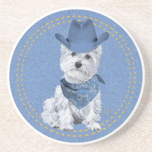 Westie Cowboy in Denim Zandsteen Onderzetter