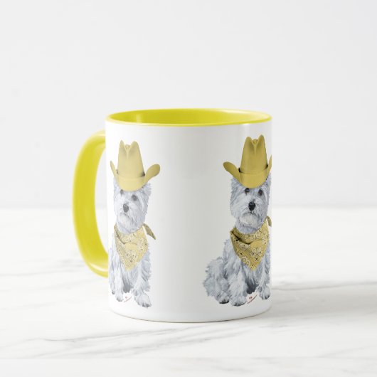 Westie Cowboy in Geel Mok (Voorkant links)