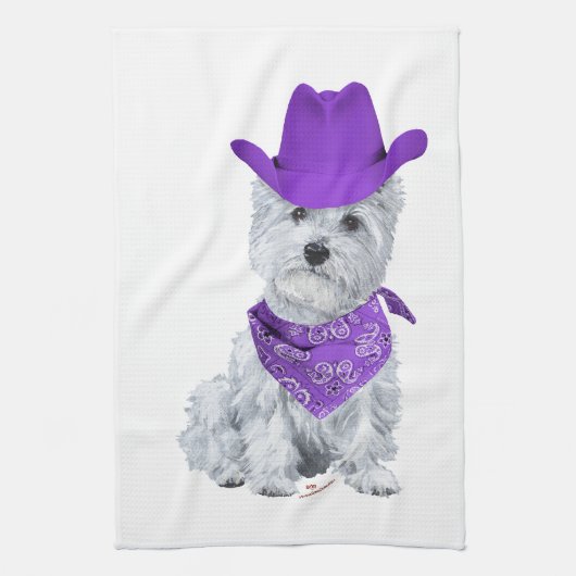 Westie Cowboy in Paars Theedoek (Verticaal)
