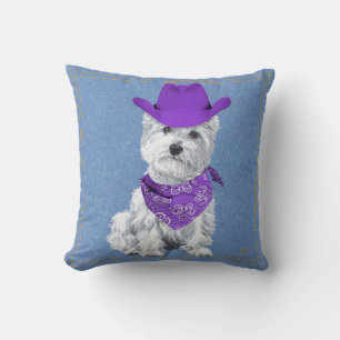 Westie Cowboy op Denim Kussen