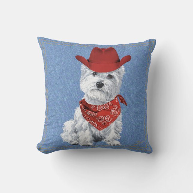 Westie Cowboy op Denim Kussen (Voorkant)