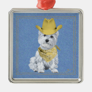 Westie Cowboy op Denim Metalen Ornament