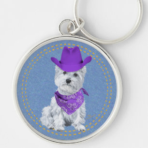 Westie Cowboy op Denim Sleutelhanger
