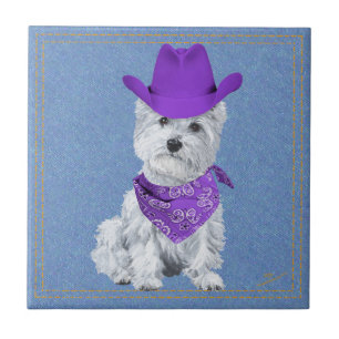 Westie Cowboy op Denim Tegeltje