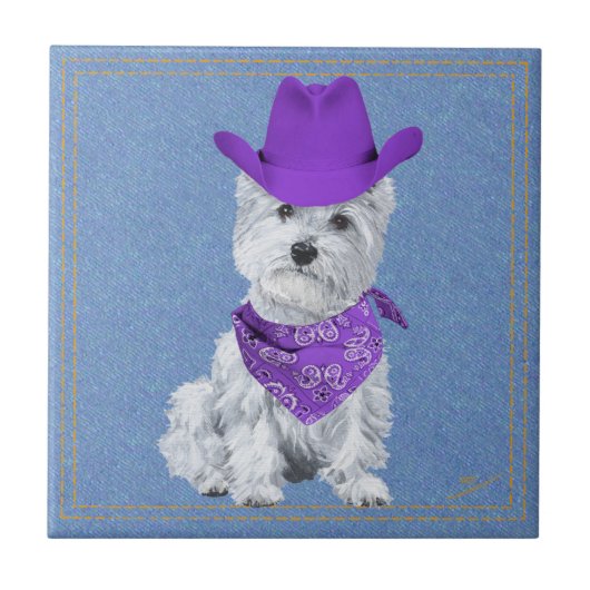 Westie Cowboy op Denim Tegeltje (Voorkant)