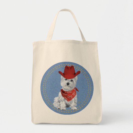 Westie Cowboy op Denim Tote Bag (Voorkant)