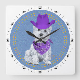Westie Cowboy over Denim Vierkante Klok