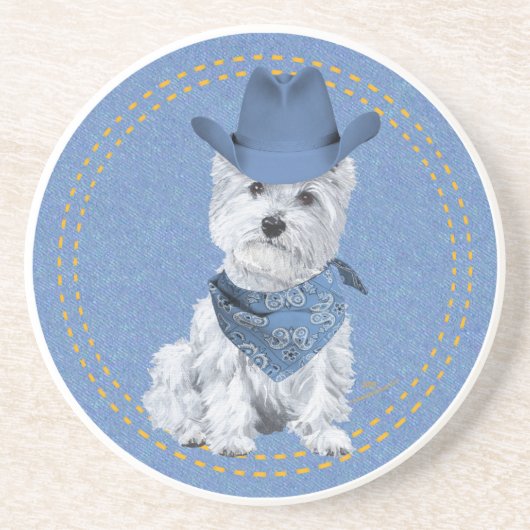 Westie Cowboy over Denim Zandsteen Onderzetter (Voorkant)