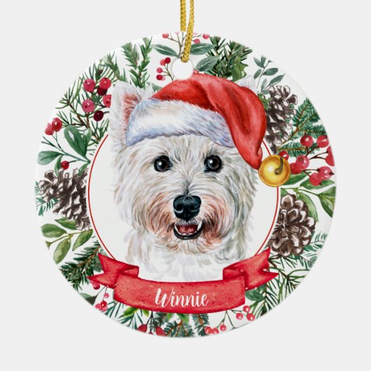 Westie Custom Santa Hat Dog kerstversiering Keramisch Ornament (Voorkant)